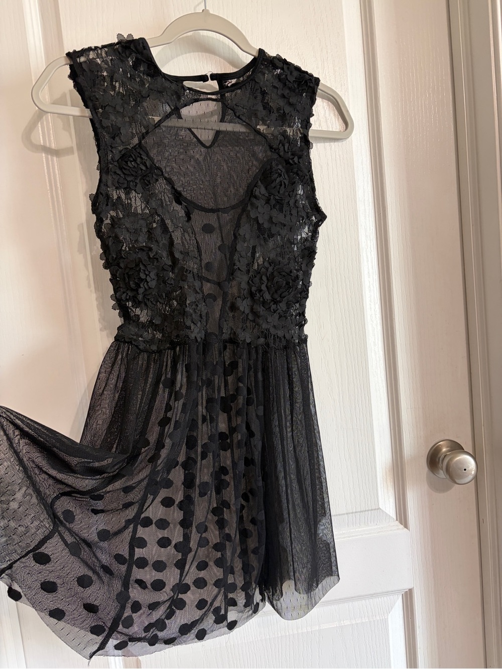 Black Lace Swiss Dot Mesh Fit & Flare Cocktail Party Dress Sheer Sleeveless